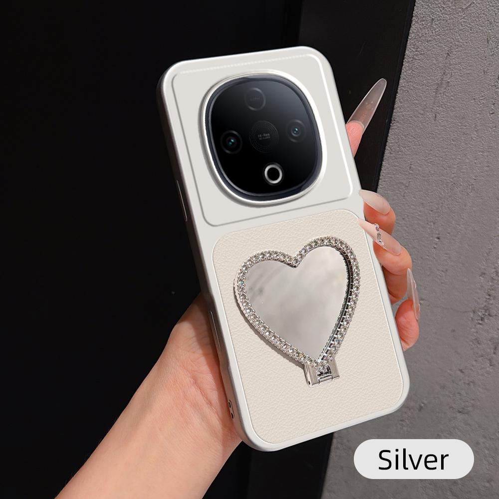 For vivo Y300 Lambskin Series Skin Feel Shockproof Phone Case with Heart Mirror Holder(Silver) - Shopkiz.com