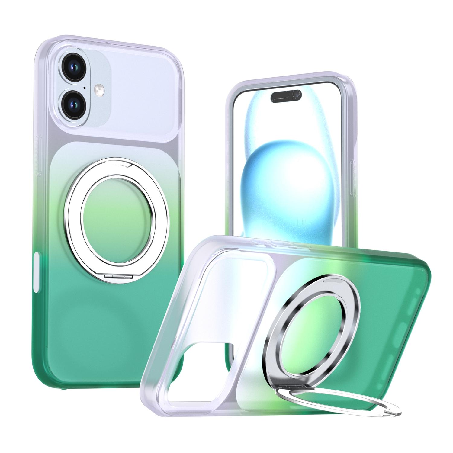 For iPhone 16 Plus Phantom Skin Feel Gradient 360 Degree Rotating Holder Phone Case(Green) - Shopkiz.com