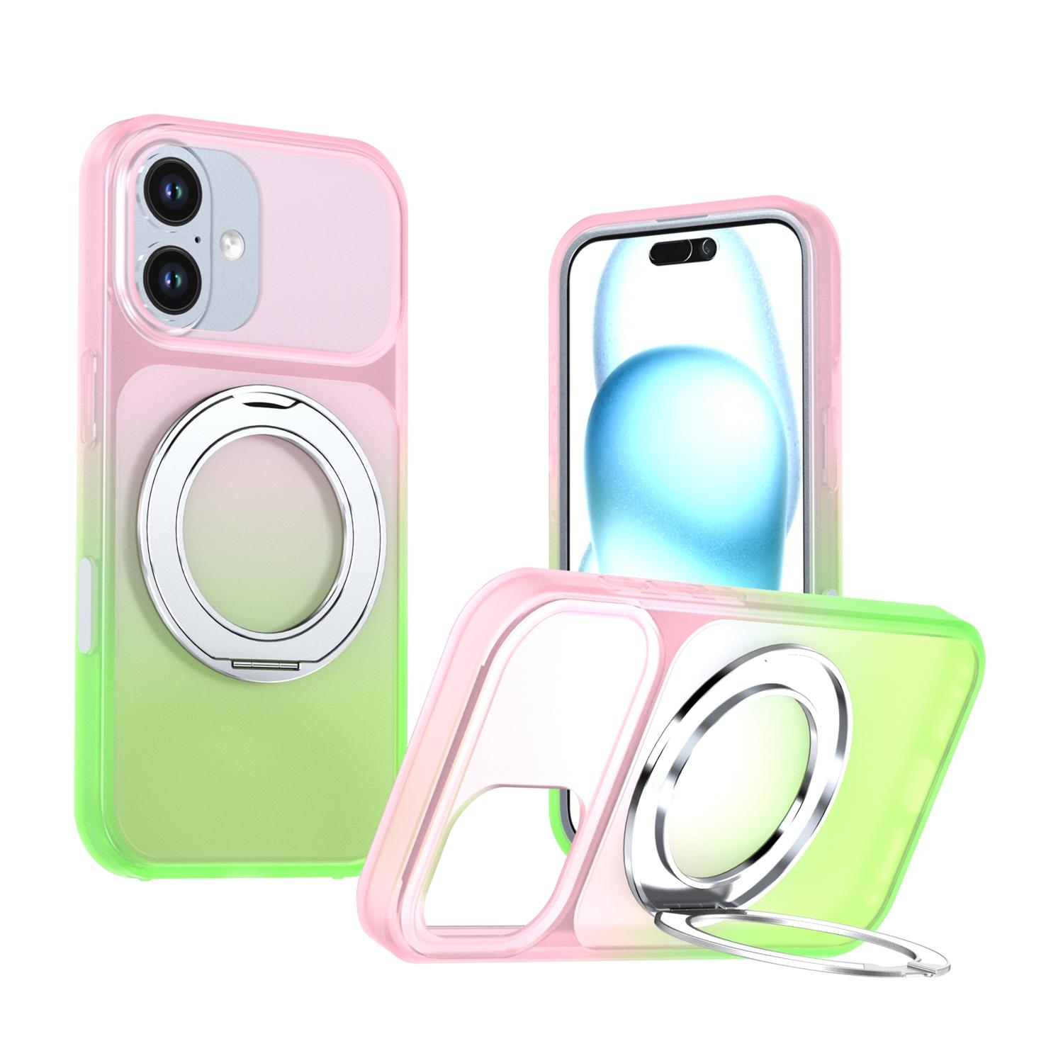 For iPhone 16 Phantom Skin Feel Gradient 360 Degree Rotating Holder Phone Case(Pink) - Shopkiz.com
