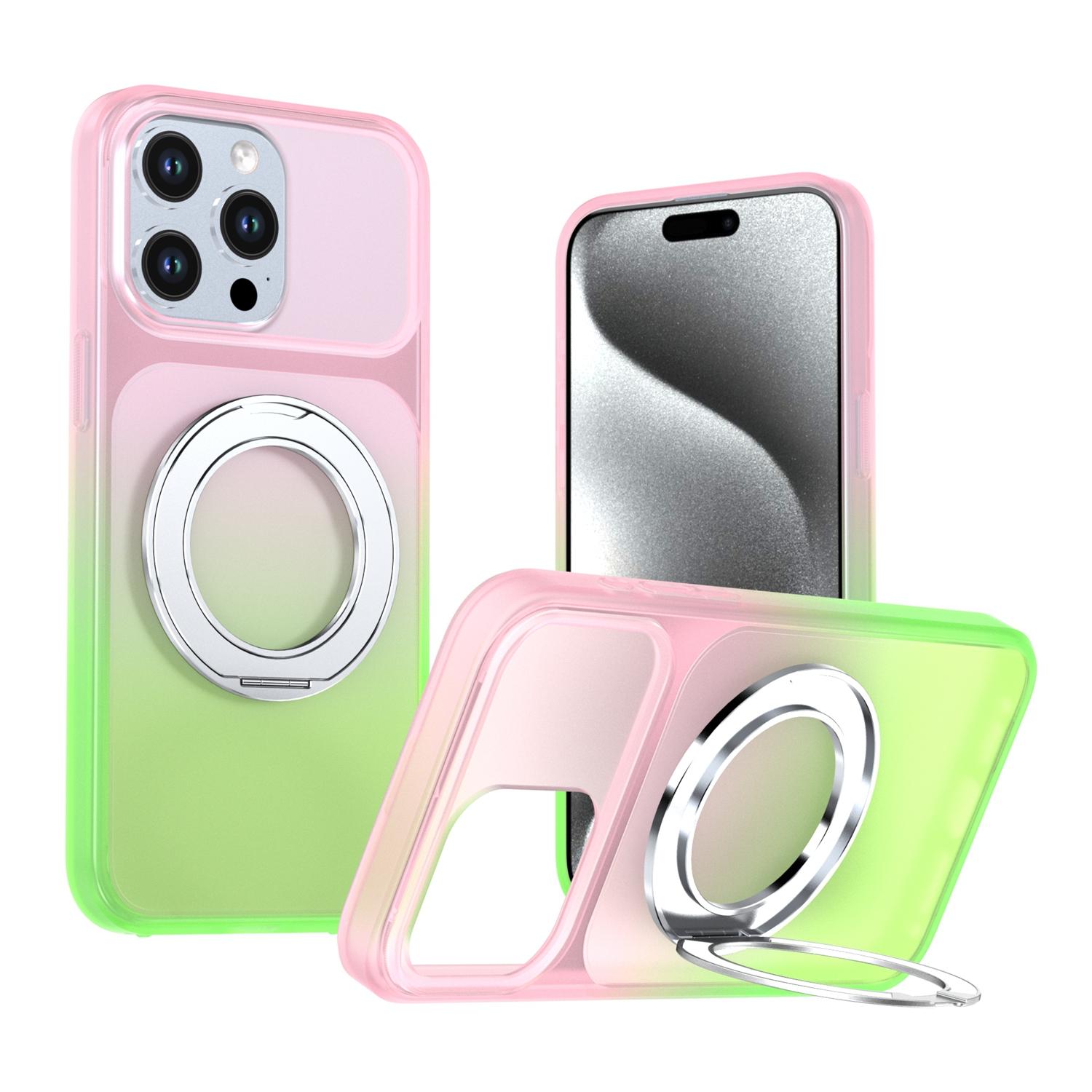 For iPhone 15 Pro Max Phantom Skin Feel Gradient 360 Degree Rotating Holder Phone Case(Pink) - Shopkiz.com