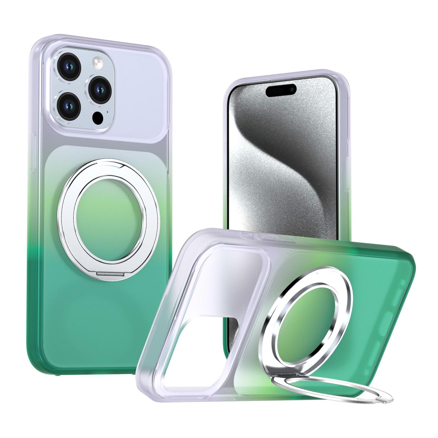 For iPhone 15 Pro Max Phantom Skin Feel Gradient 360 Degree Rotating Holder Phone Case(Green) - Shopkiz.com