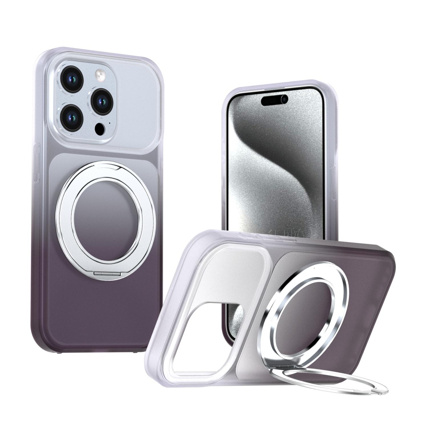 For iPhone 15 Pro Phantom Skin Feel Gradient 360 Degree Rotating Holder Phone Case(Grey) - Shopkiz.com