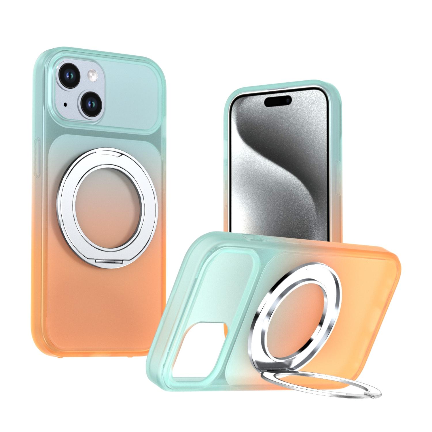 For iPhone 15 Phantom Skin Feel Gradient 360 Degree Rotating Holder Phone Case(Orange) - Shopkiz.com