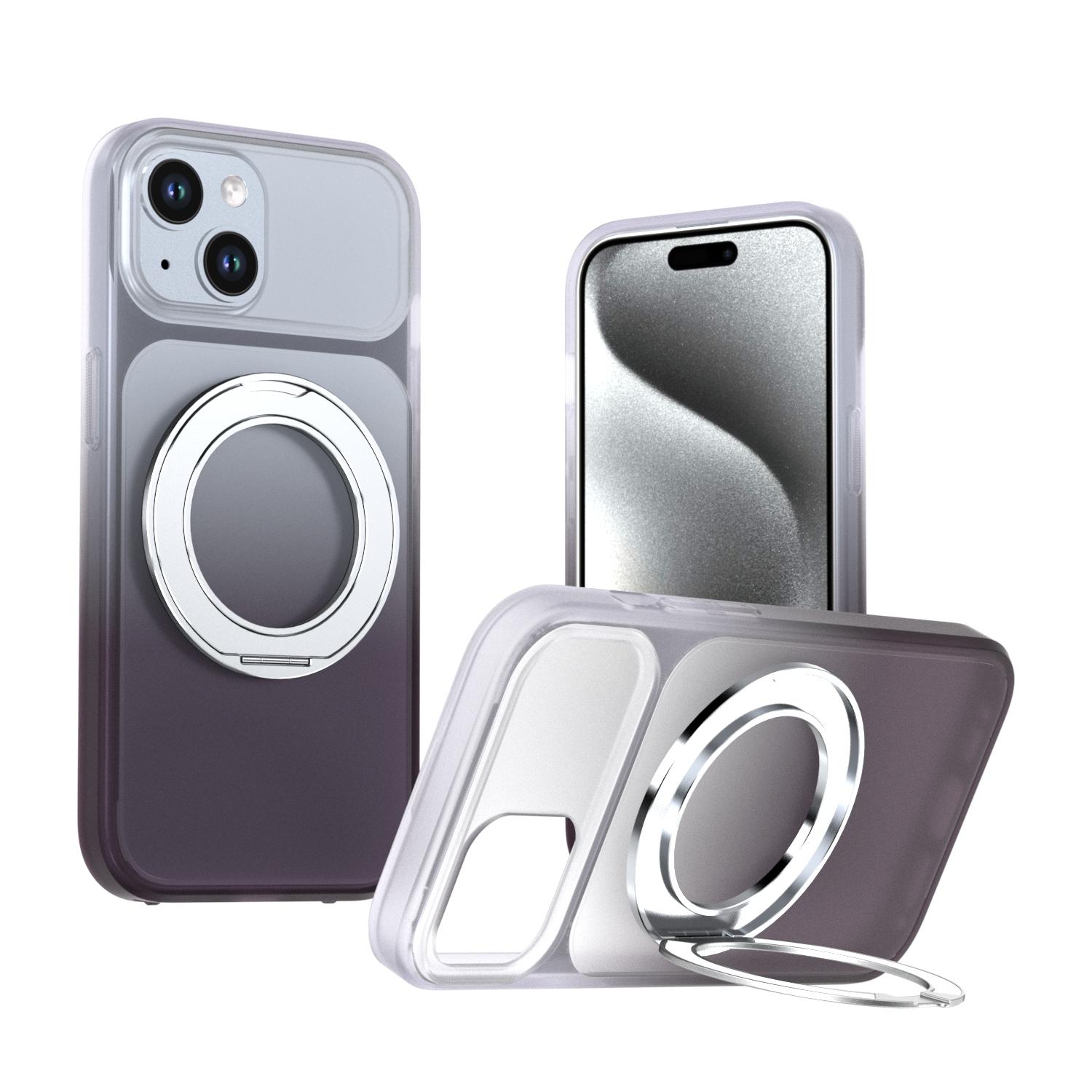 For iPhone 15 Phantom Skin Feel Gradient 360 Degree Rotating Holder Phone Case(Grey) - Shopkiz.com