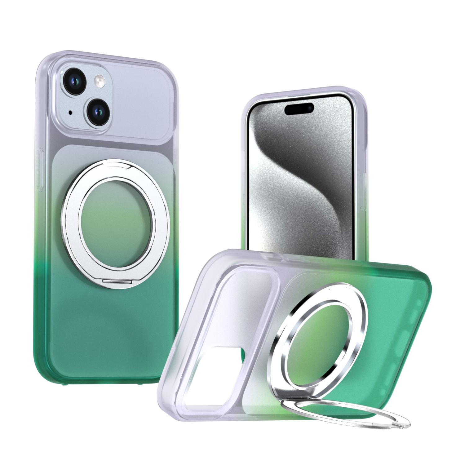 For iPhone 15 Phantom Skin Feel Gradient 360 Degree Rotating Holder Phone Case(Green) - Shopkiz.com