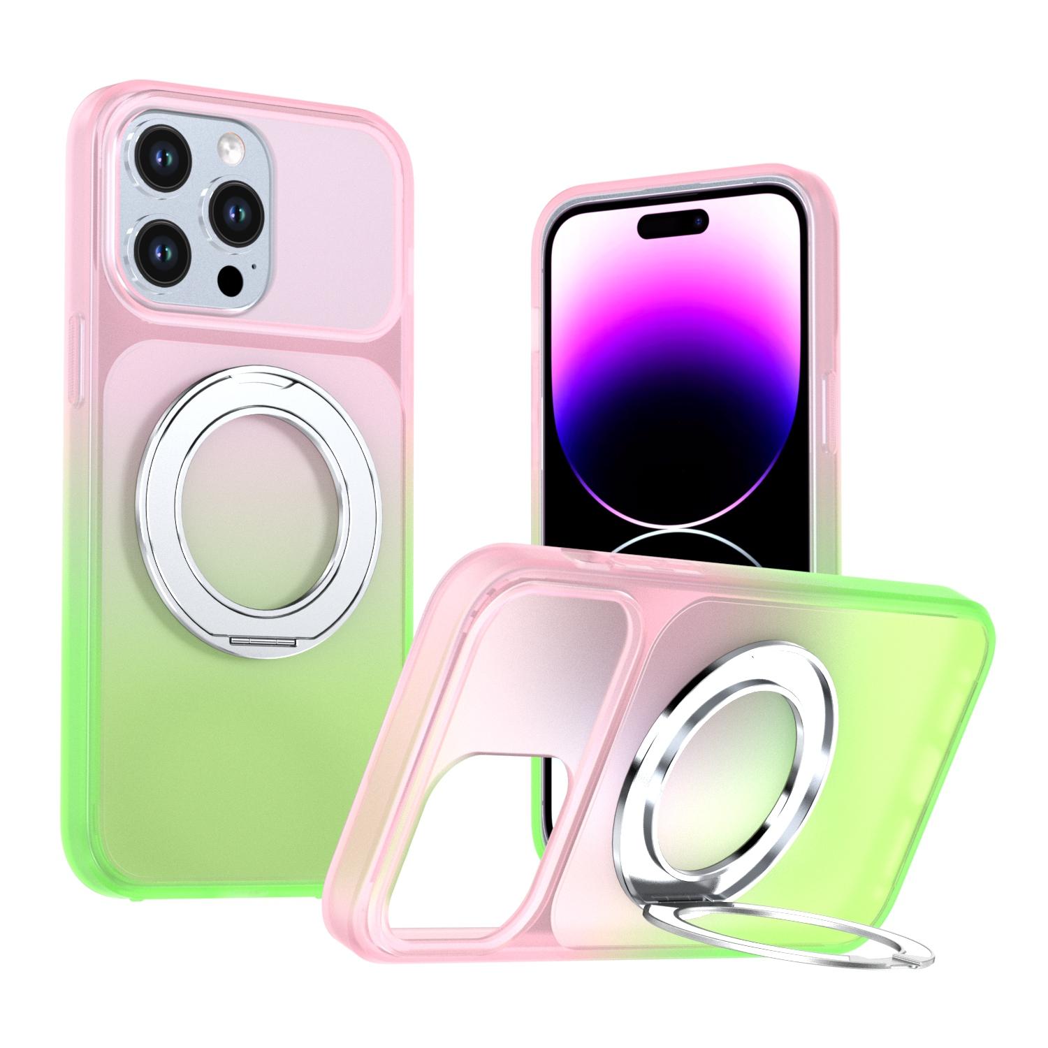 For iPhone 14 Pro Max Phantom Skin Feel Gradient 360 Degree Rotating Holder Phone Case(Pink) - Shopkiz.com