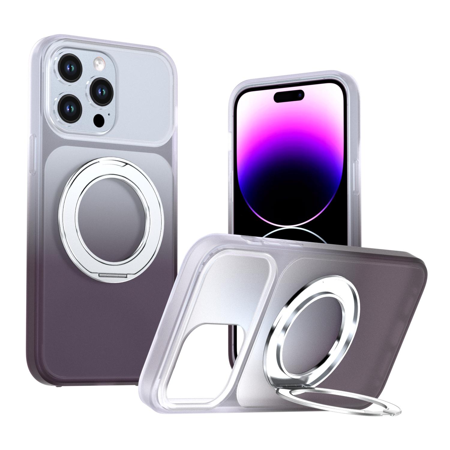 For iPhone 14 Pro Max Phantom Skin Feel Gradient 360 Degree Rotating Holder Phone Case(Grey) - Shopkiz.com