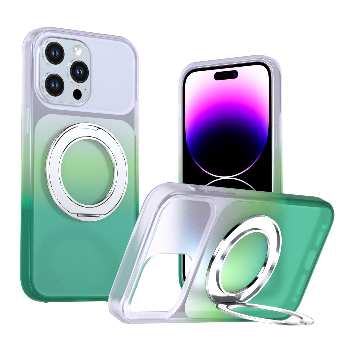 For iPhone 14 Pro Max Phantom Skin Feel Gradient 360 Degree Rotating Holder Phone Case(Green) - Shopkiz.com