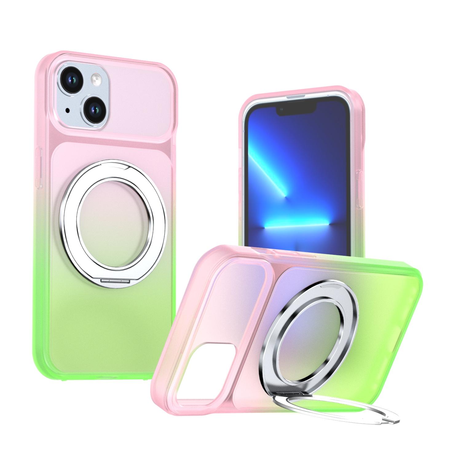 For iPhone 14 / 13 Phantom Skin Feel Gradient 360 Degree Rotating Holder Phone Case(Pink) - Shopkiz.com