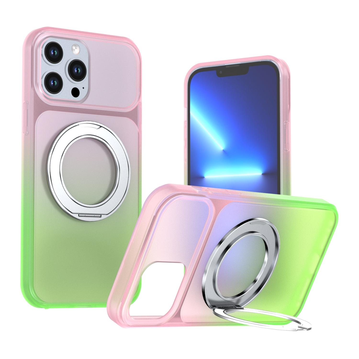 For iPhone 13 Pro Max Phantom Skin Feel Gradient 360 Degree Rotating Holder Phone Case(Pink) - Shopkiz.com