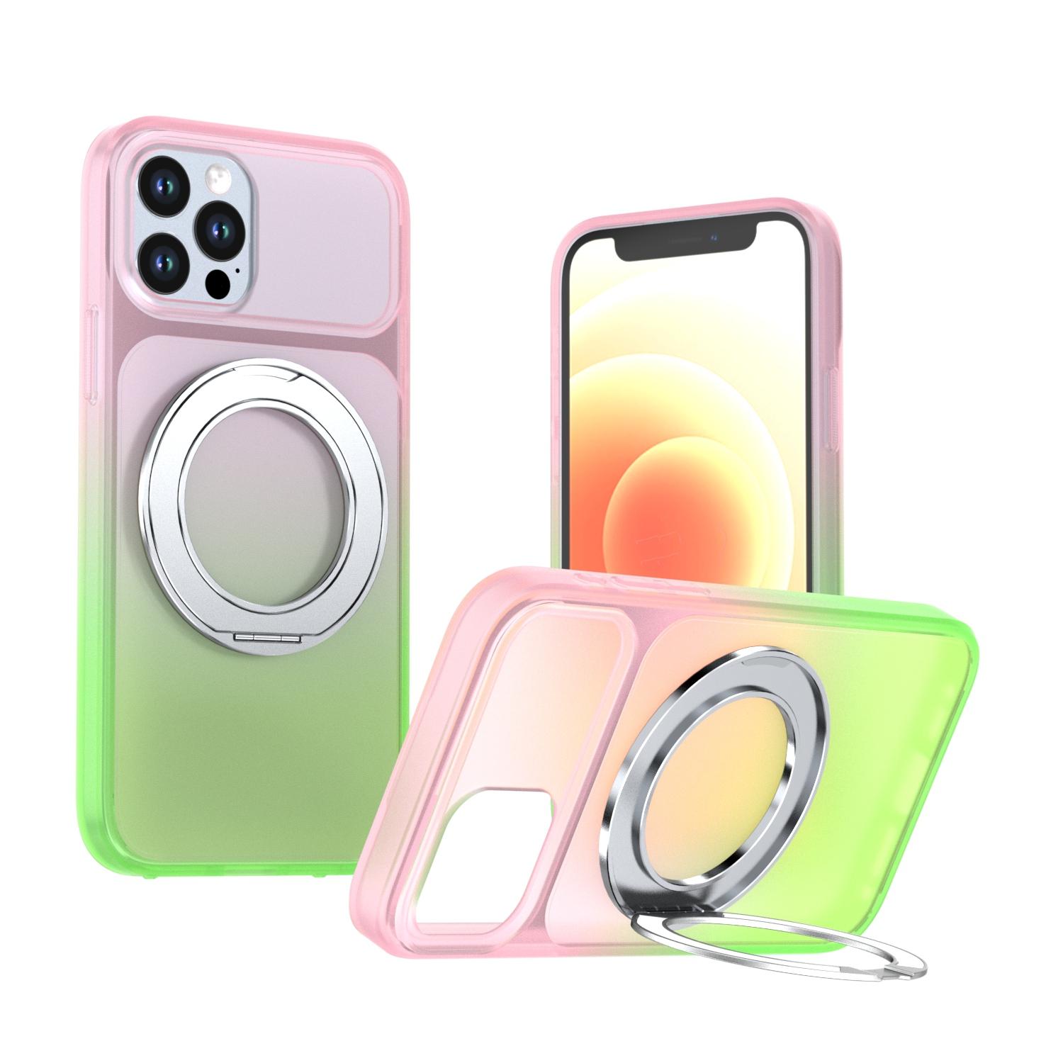 For iPhone 12 / 12 Pro Phantom Skin Feel Gradient 360 Degree Rotating Holder Phone Case(Pink) - Shopkiz.com