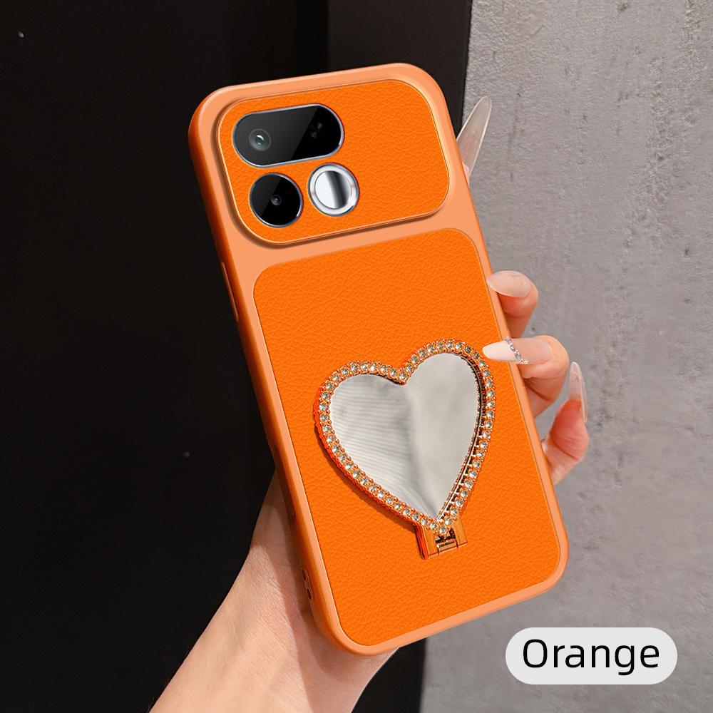 For Realme 16T 5G Lambskin Series Skin Feel Shockproof Phone Case with Heart Mirror Holder(Orange) - Shopkiz.com