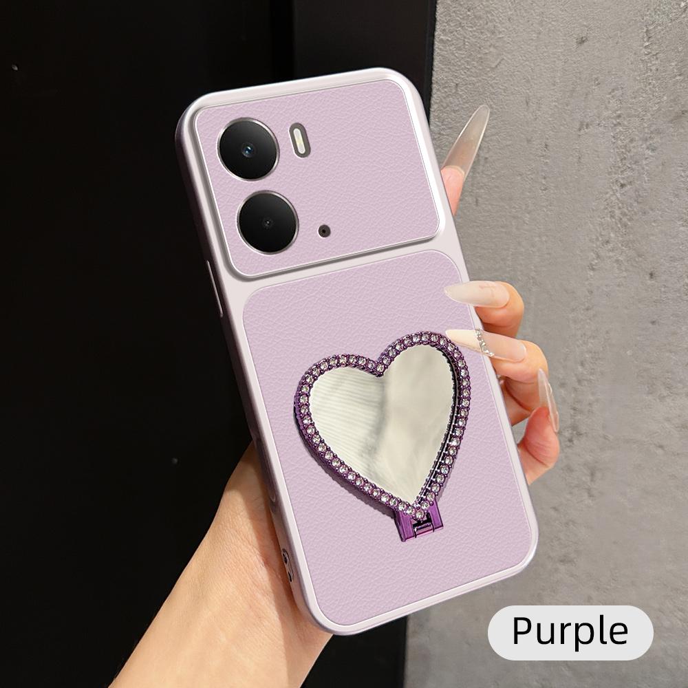 For Realme 14 Lambskin Series Skin Feel Shockproof Phone Case with Heart Mirror Holder(Purple) - Shopkiz.com