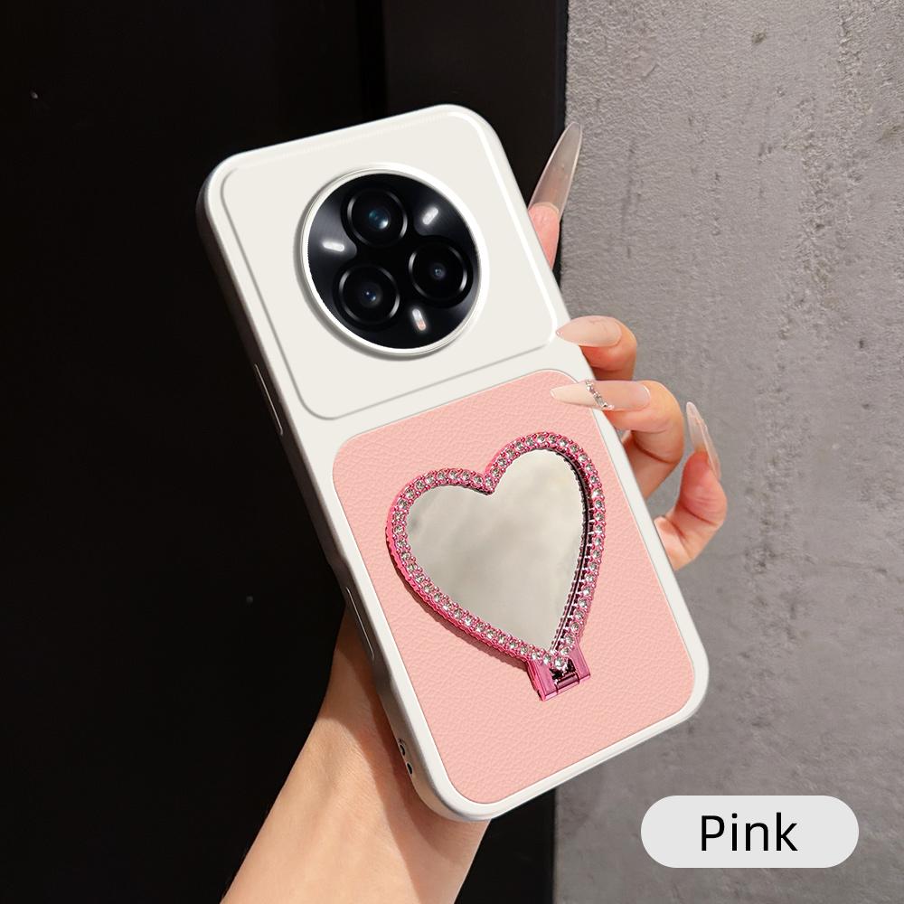 For Realme 14 Pro+ Lambskin Series Skin Feel Shockproof Phone Case with Heart Mirror Holder(Pink) - Shopkiz.com