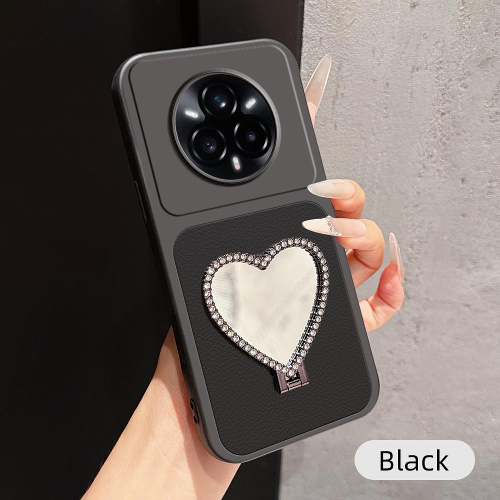 For Realme 14 Pro+ Lambskin Series Skin Feel Shockproof Phone Case with Heart Mirror Holder(Black) - Shopkiz.com