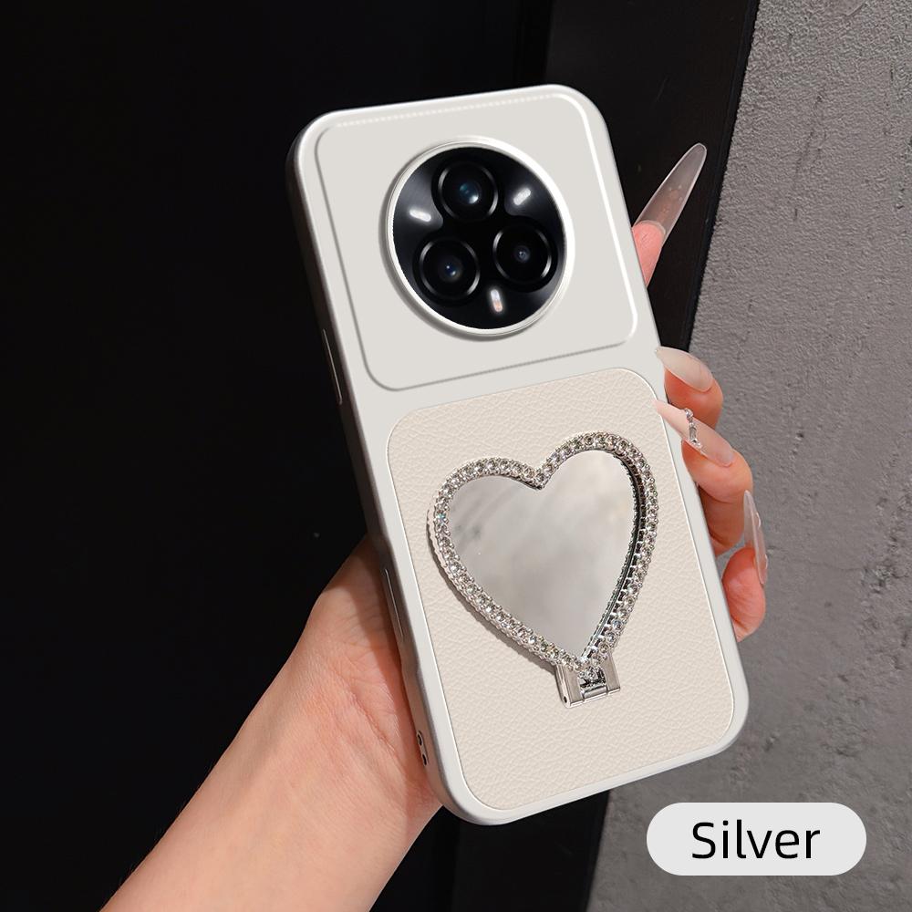 For Realme 14 Pro+ Lambskin Series Skin Feel Shockproof Phone Case with Heart Mirror Holder(Silver) - Shopkiz.com