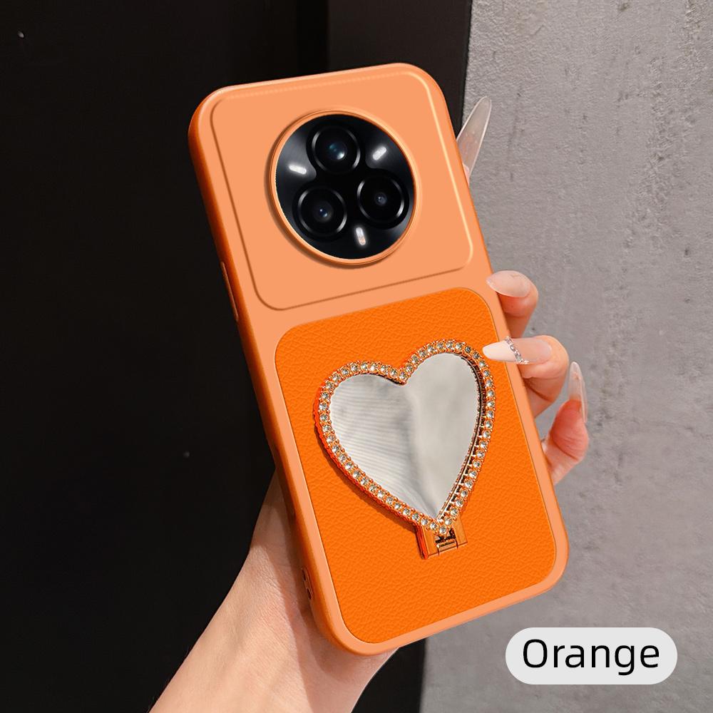 For Realme 14 Pro+ Lambskin Series Skin Feel Shockproof Phone Case with Heart Mirror Holder(Orange) - Shopkiz.com