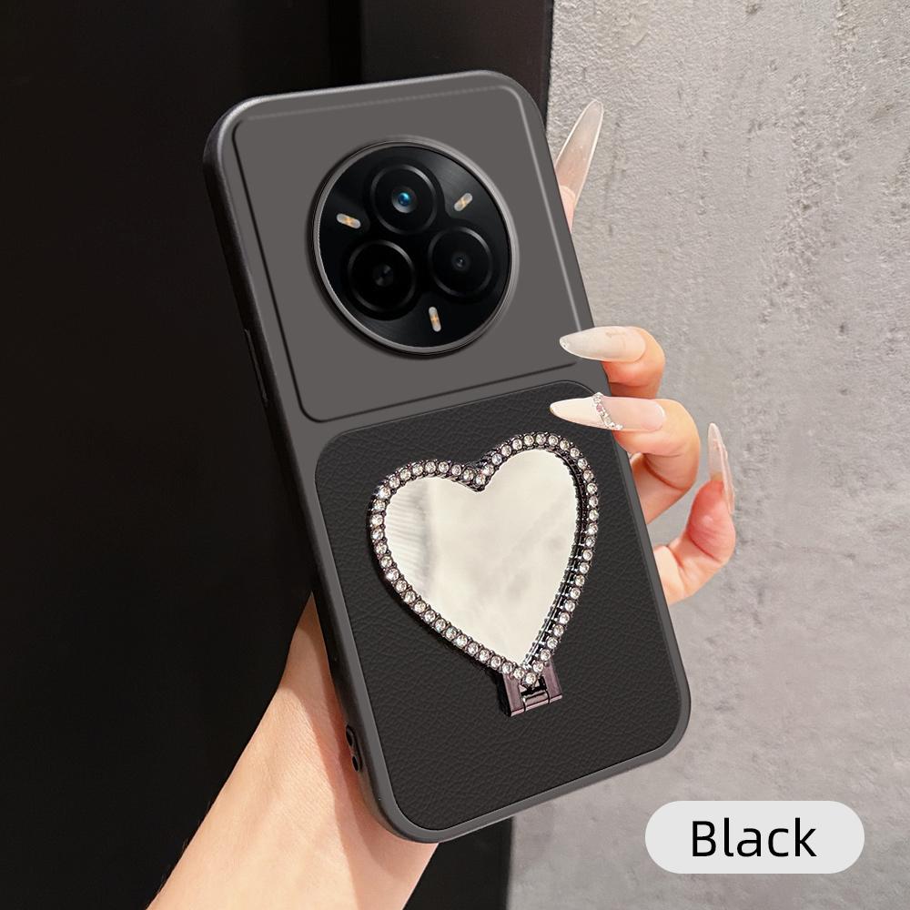 For Realme 14 Pro Lambskin Series Skin Feel Shockproof Phone Case with Heart Mirror Holder(Black) - Shopkiz.com