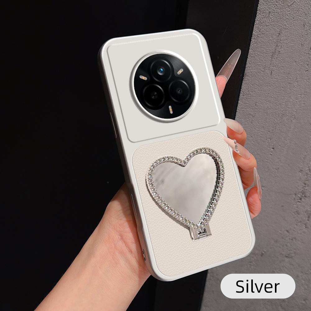 For Realme 14 Pro Lambskin Series Skin Feel Shockproof Phone Case with Heart Mirror Holder(Silver) - Shopkiz.com
