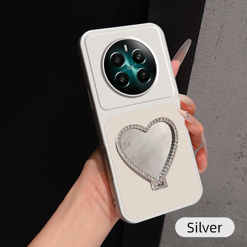 For Realme 12+ Lambskin Series Skin Feel Shockproof Phone Case with Heart Mirror Holder(Silver) - Shopkiz.com