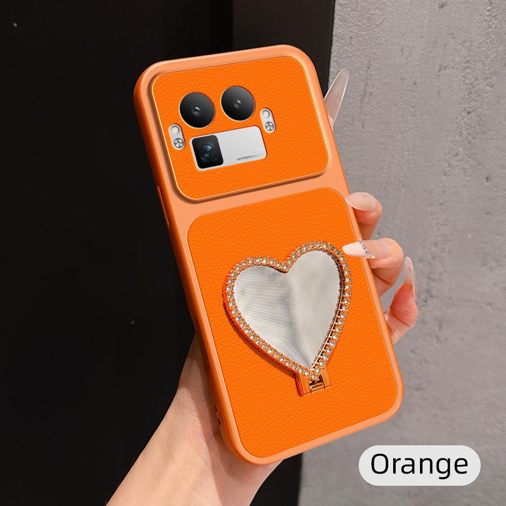 For Realme GT 8 Pro Global Lambskin Series Skin Feel Shockproof Phone Case with Heart Mirror Holder(Orange) - Shopkiz.com