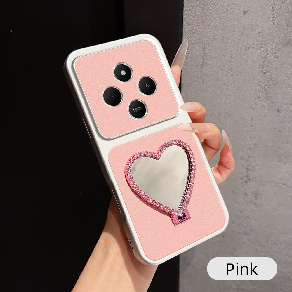 For Redmi 14C 5G / 4G Lambskin Series Skin Feel Shockproof Phone Case with Heart Mirror Holder(Pink) - Shopkiz.com