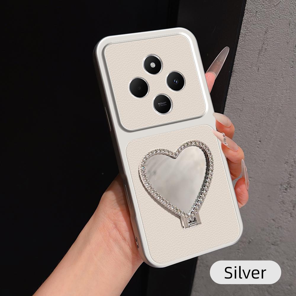 For Redmi 14C 5G / 4G Lambskin Series Skin Feel Shockproof Phone Case with Heart Mirror Holder(Silver) - Shopkiz.com