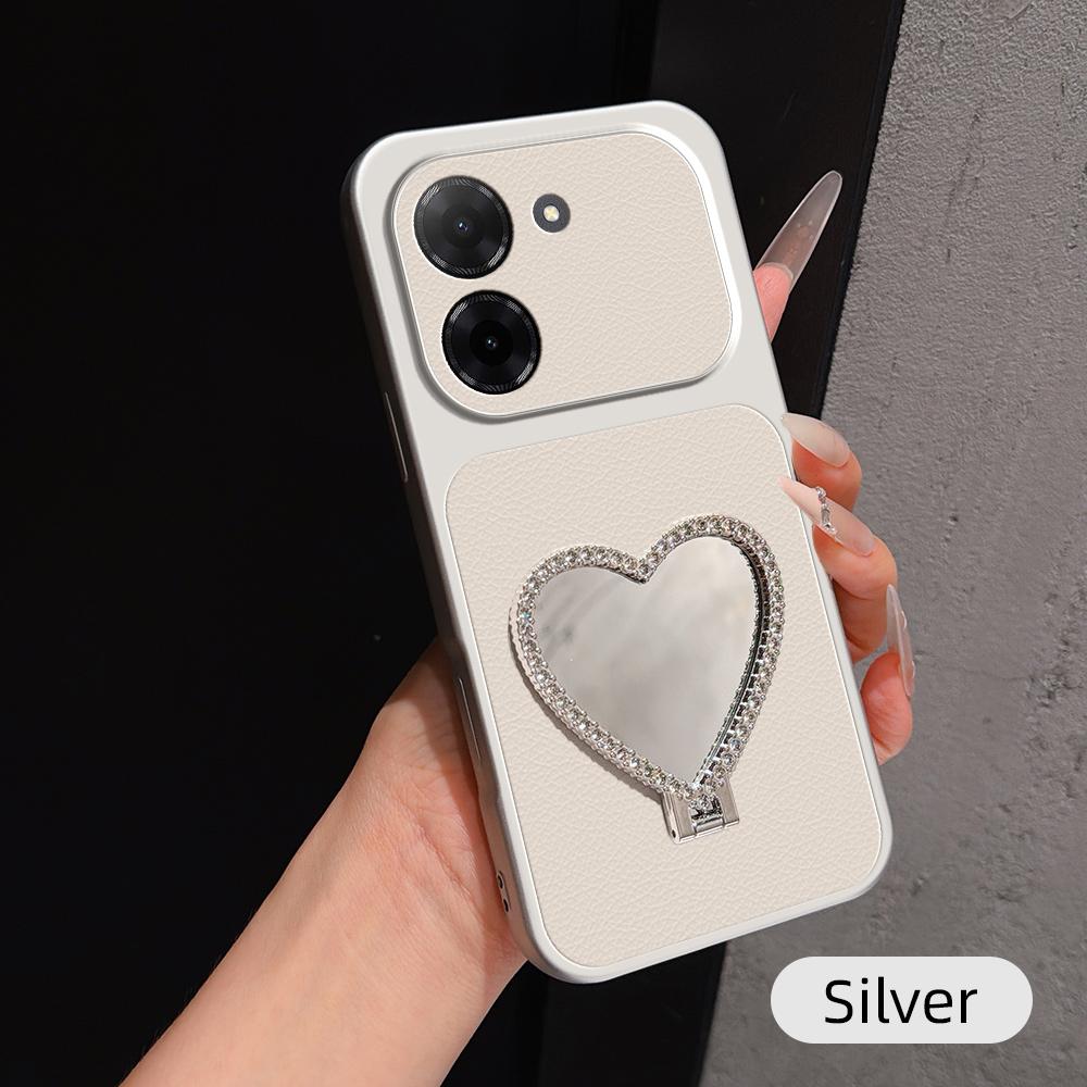 For Redmi A5 4G 171.7mm Lambskin Series Skin Feel Shockproof Phone Case with Heart Mirror Holder(Silver) - Shopkiz.com