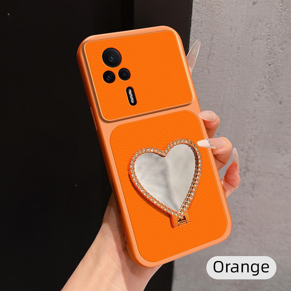 For Redmi K60E Lambskin Series Skin Feel Shockproof Phone Case with Heart Mirror Holder(Orange) - Shopkiz.com