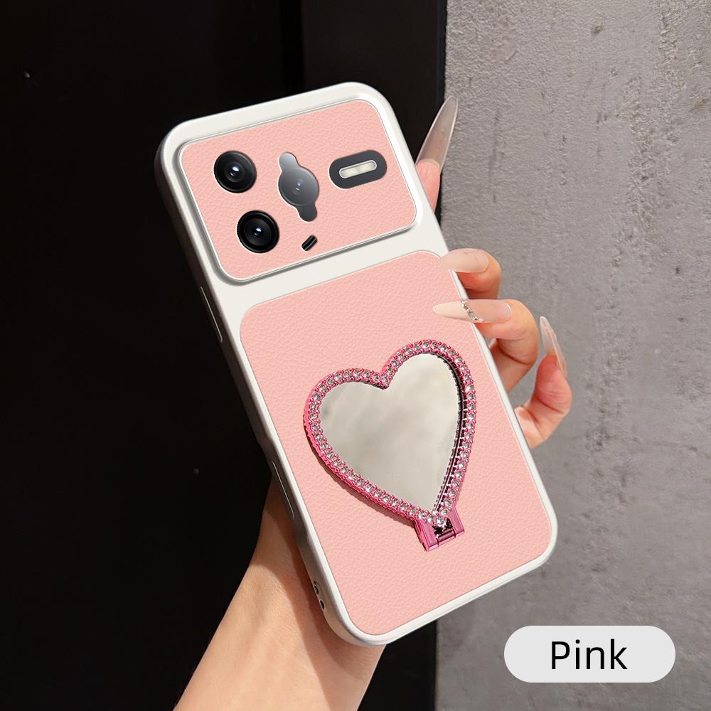 For Redmi K80 Pro Lambskin Series Skin Feel Shockproof Phone Case with Heart Mirror Holder(Pink) - Shopkiz.com