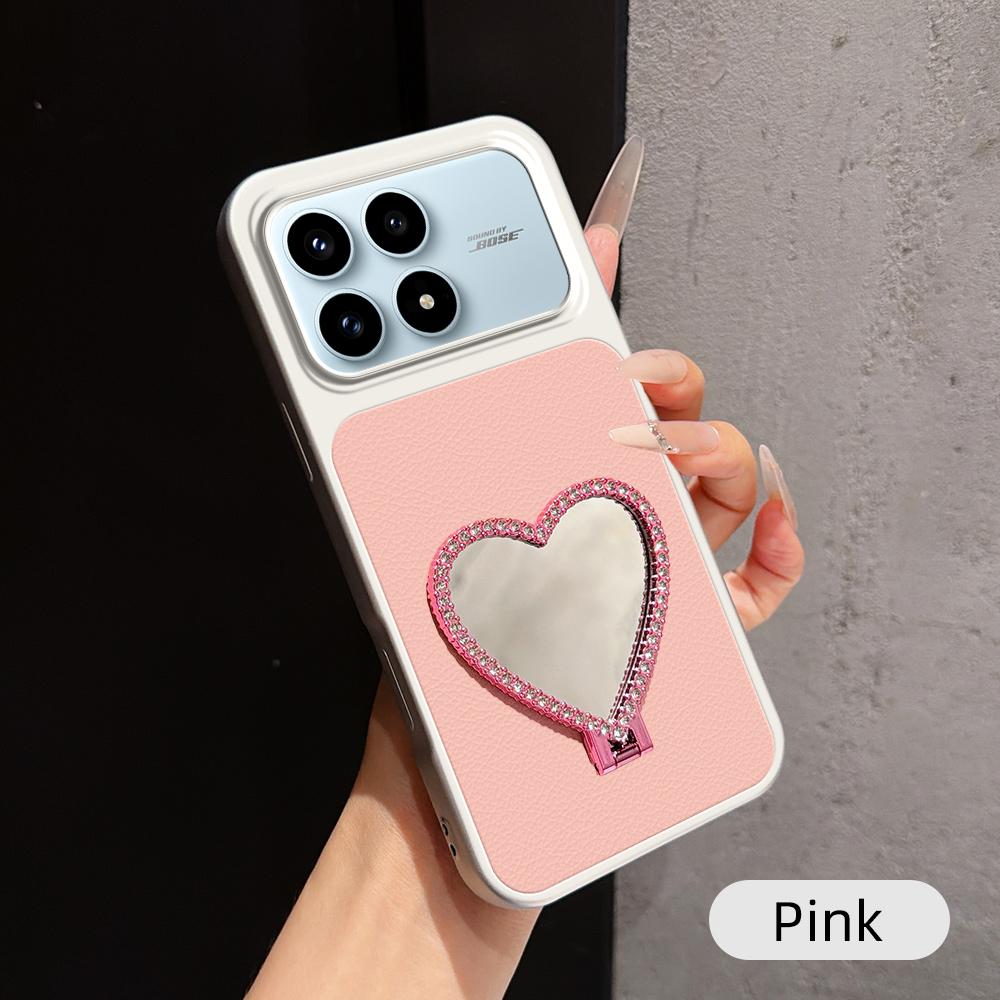 For Redmi K90 Lambskin Series Skin Feel Shockproof Phone Case with Heart Mirror Holder(Pink) - Shopkiz.com