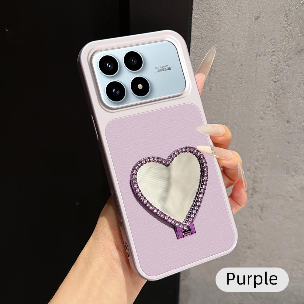 For Redmi K90 Lambskin Series Skin Feel Shockproof Phone Case with Heart Mirror Holder(Purple) - Shopkiz.com