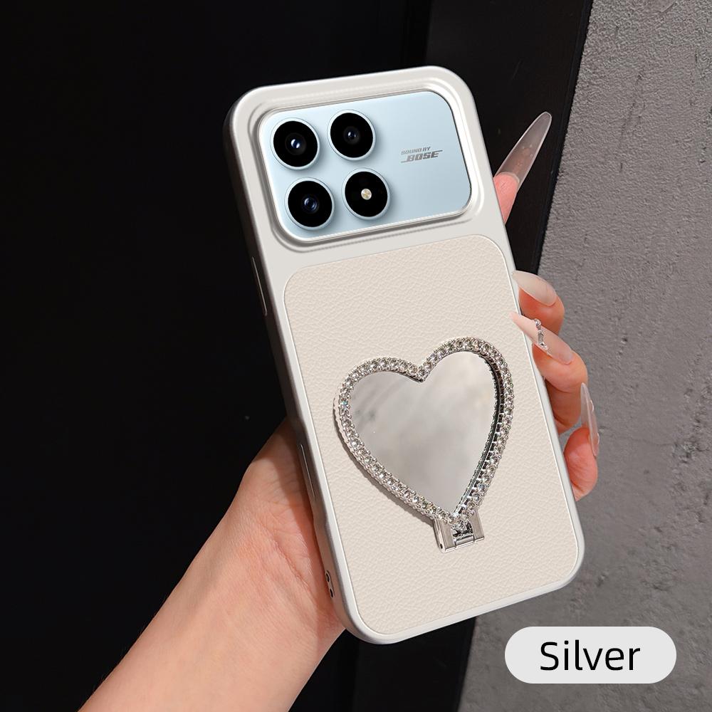 For Redmi K90 Lambskin Series Skin Feel Shockproof Phone Case with Heart Mirror Holder(Silver) - Shopkiz.com