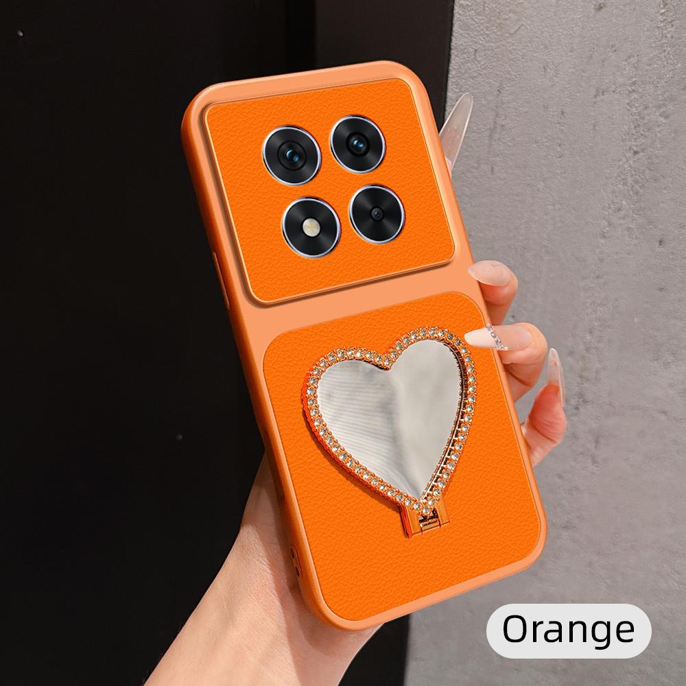 For Redmi Note 14 Pro 5G Lambskin Series Skin Feel Shockproof Phone Case with Heart Mirror Holder(Orange) - Shopkiz.com