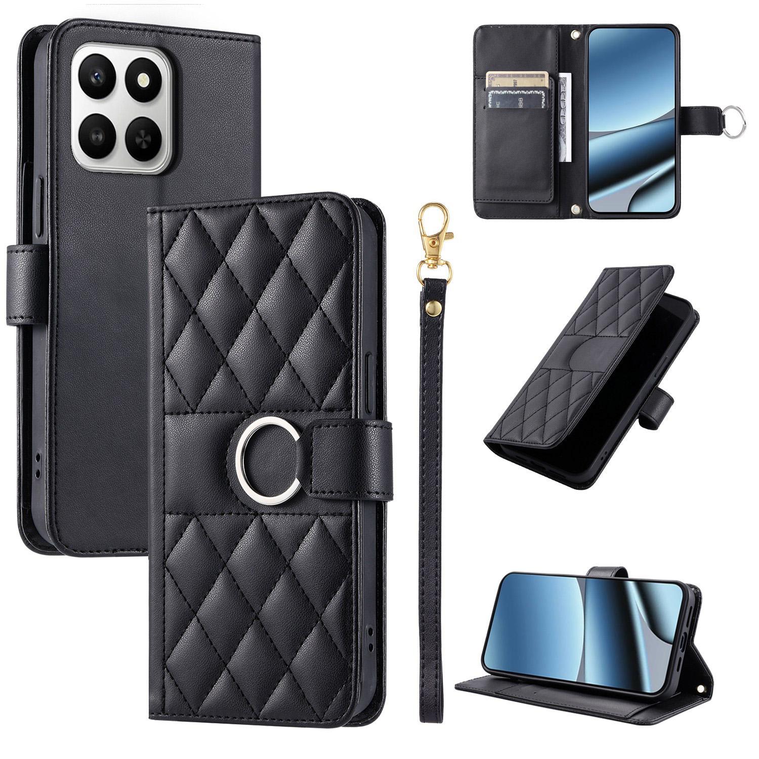 For Honor 400 Smart / X7d 5G Ring Buckle Rhombic Leather Phone Case(Black) - Shopkiz.com