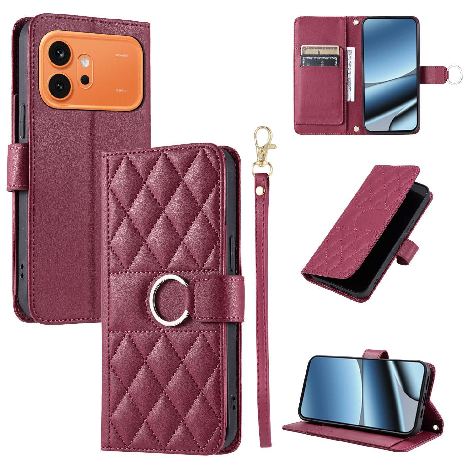 For Honor 600 / 600 Pro Global Ring Buckle Rhombic Leather Phone Case(Red) - Shopkiz.com