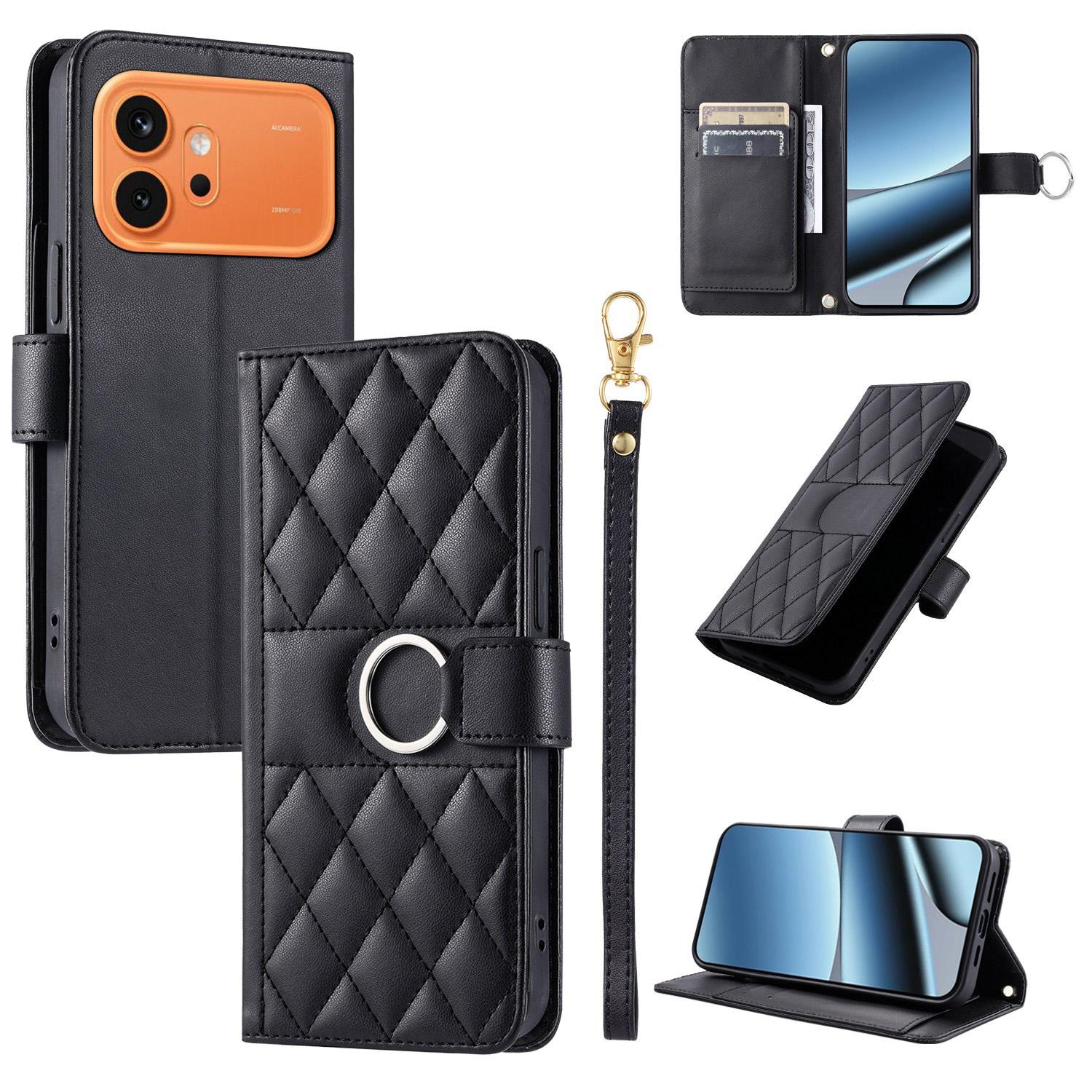 For Honor 600 / 600 Pro Global Ring Buckle Rhombic Leather Phone Case(Black) - Shopkiz.com