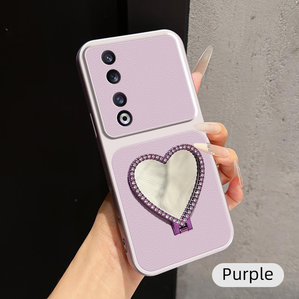 For Honor 90 Pro Lambskin Series Skin Feel Shockproof Phone Case with Heart Mirror Holder(Purple) - Shopkiz.com