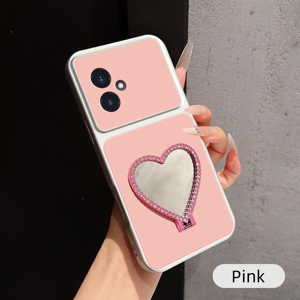 For Honor 100 Lambskin Series Skin Feel Shockproof Phone Case with Heart Mirror Holder(Pink) - Shopkiz.com