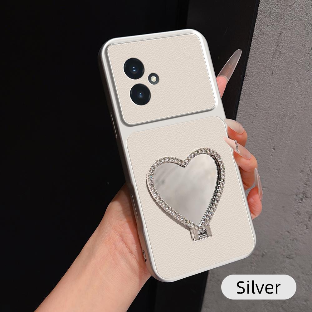 For Honor 100 Lambskin Series Skin Feel Shockproof Phone Case with Heart Mirror Holder(Silver) - Shopkiz.com