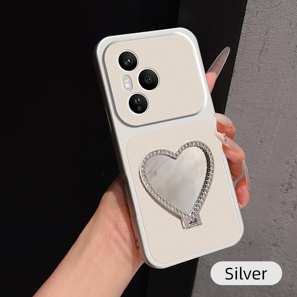 For Honor 400 Pro Global 160.8mm Lambskin Series Skin Feel Shockproof Phone Case with Heart Mirror Holder(Silver) - Shopkiz.com