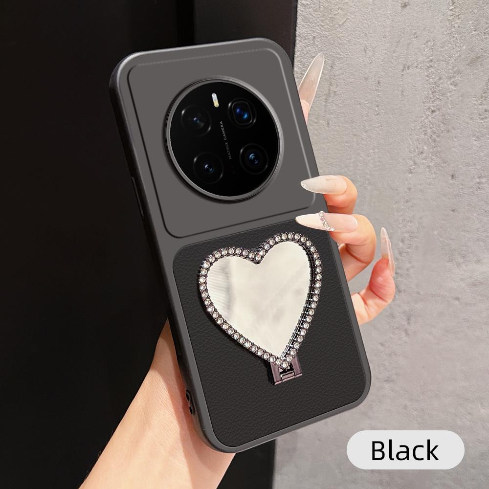 For Honor Magic7 Pro Lambskin Series Skin Feel Shockproof Phone Case with Heart Mirror Holder(Black) - Shopkiz.com