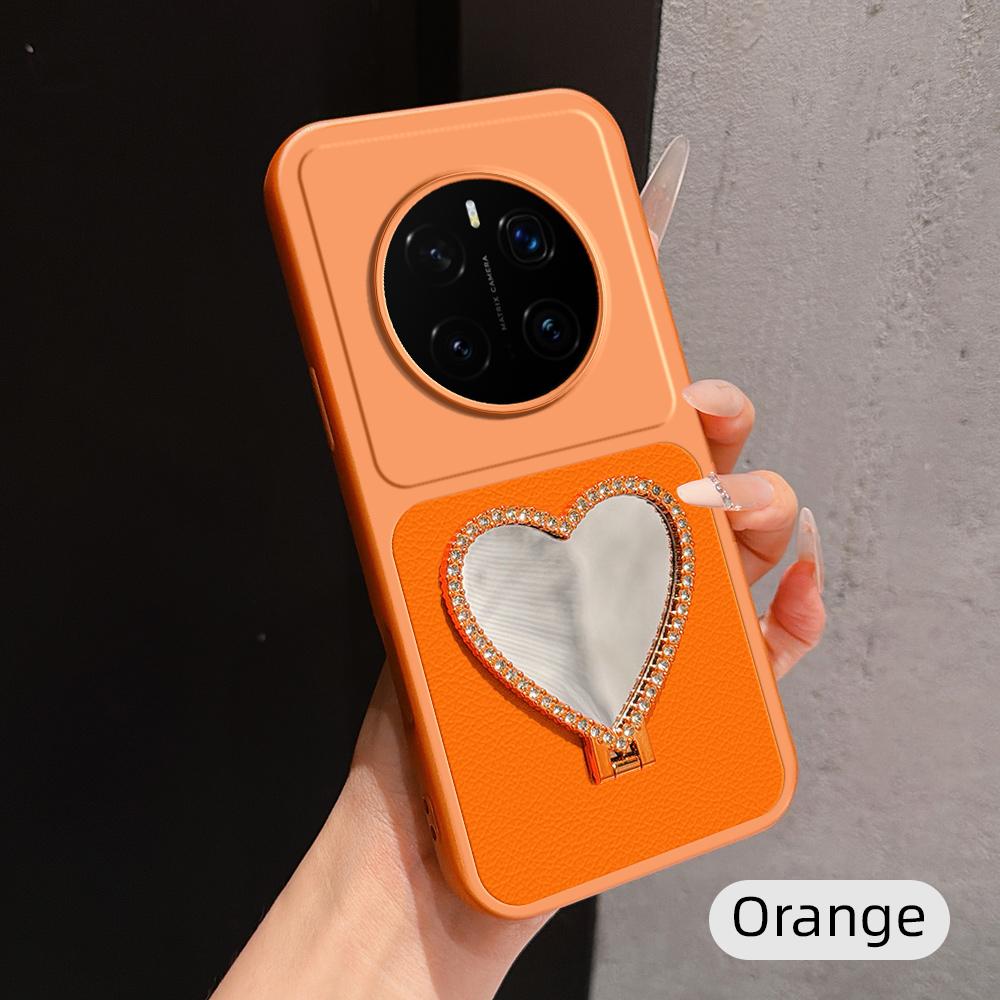 For Honor Magic7 Pro Lambskin Series Skin Feel Shockproof Phone Case with Heart Mirror Holder(Orange) - Shopkiz.com