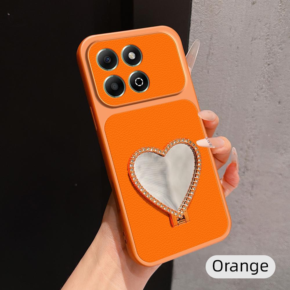 For Honor X6b 5G Lambskin Series Skin Feel Shockproof Phone Case with Heart Mirror Holder(Orange) - Shopkiz.com