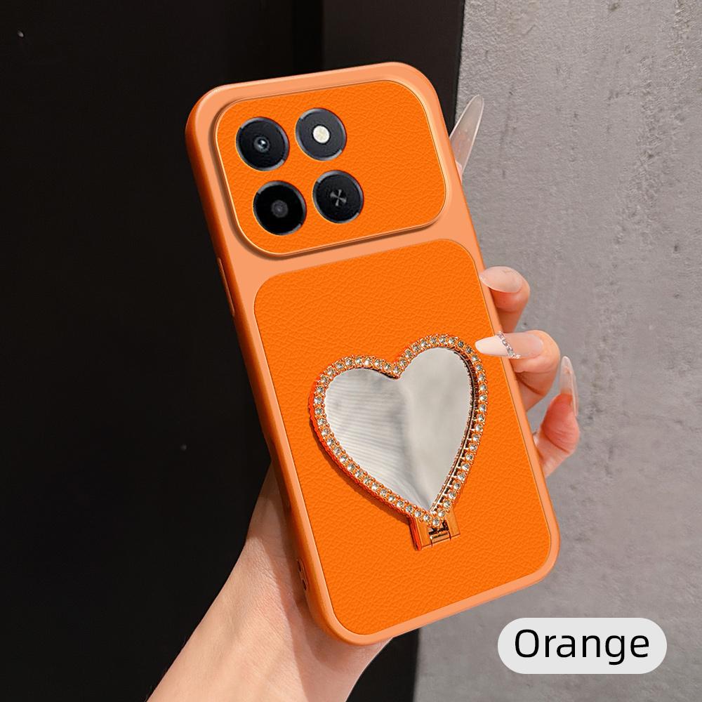 For Honor X6c 4G Lambskin Series Skin Feel Shockproof Phone Case with Heart Mirror Holder(Orange) - Shopkiz.com