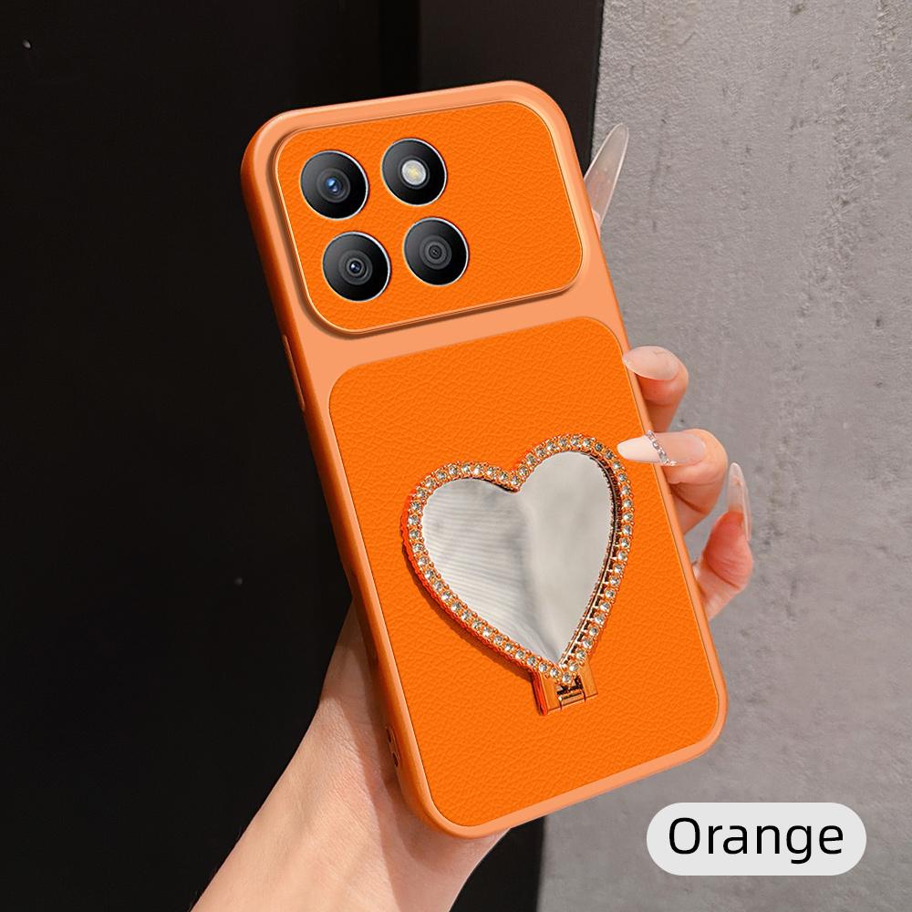 For Honor X8b Lambskin Series Skin Feel Shockproof Phone Case with Heart Mirror Holder(Orange) - Shopkiz.com