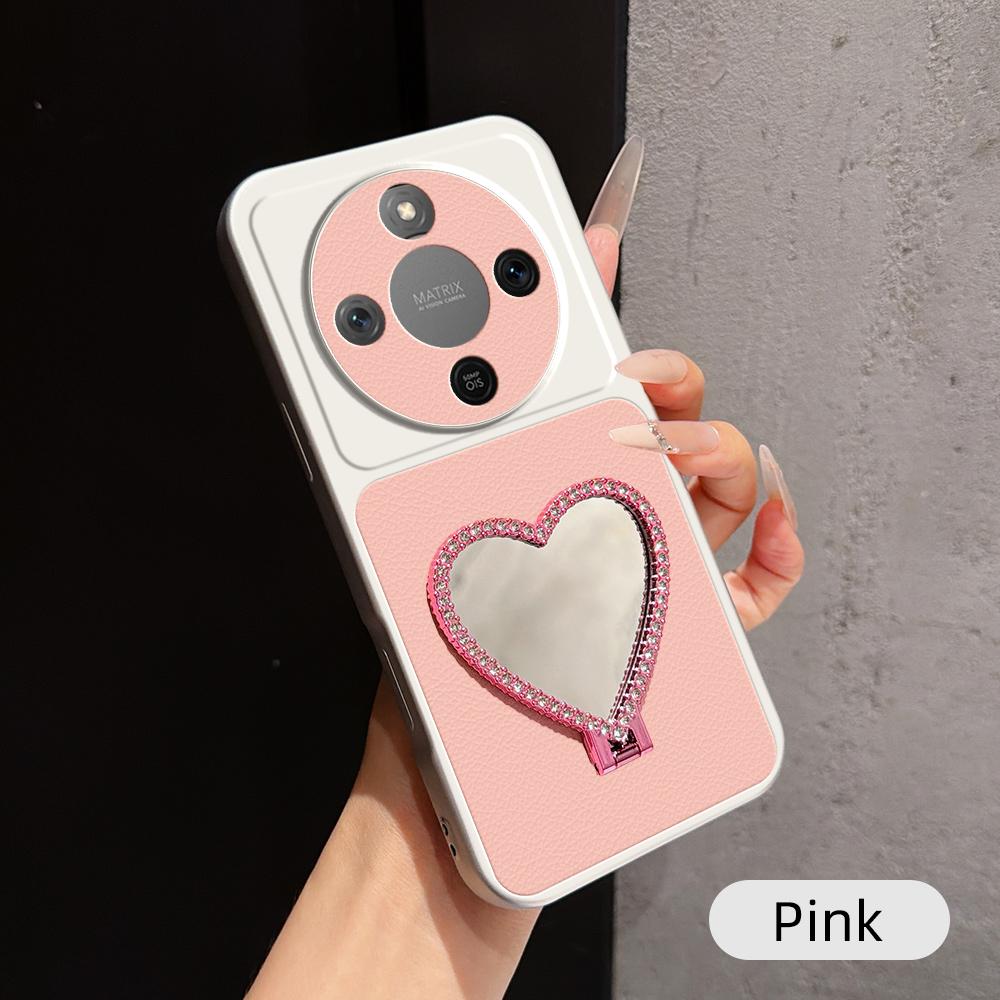For Honor X70 5G Lambskin Series Skin Feel Shockproof Phone Case with Heart Mirror Holder(Pink) - Shopkiz.com