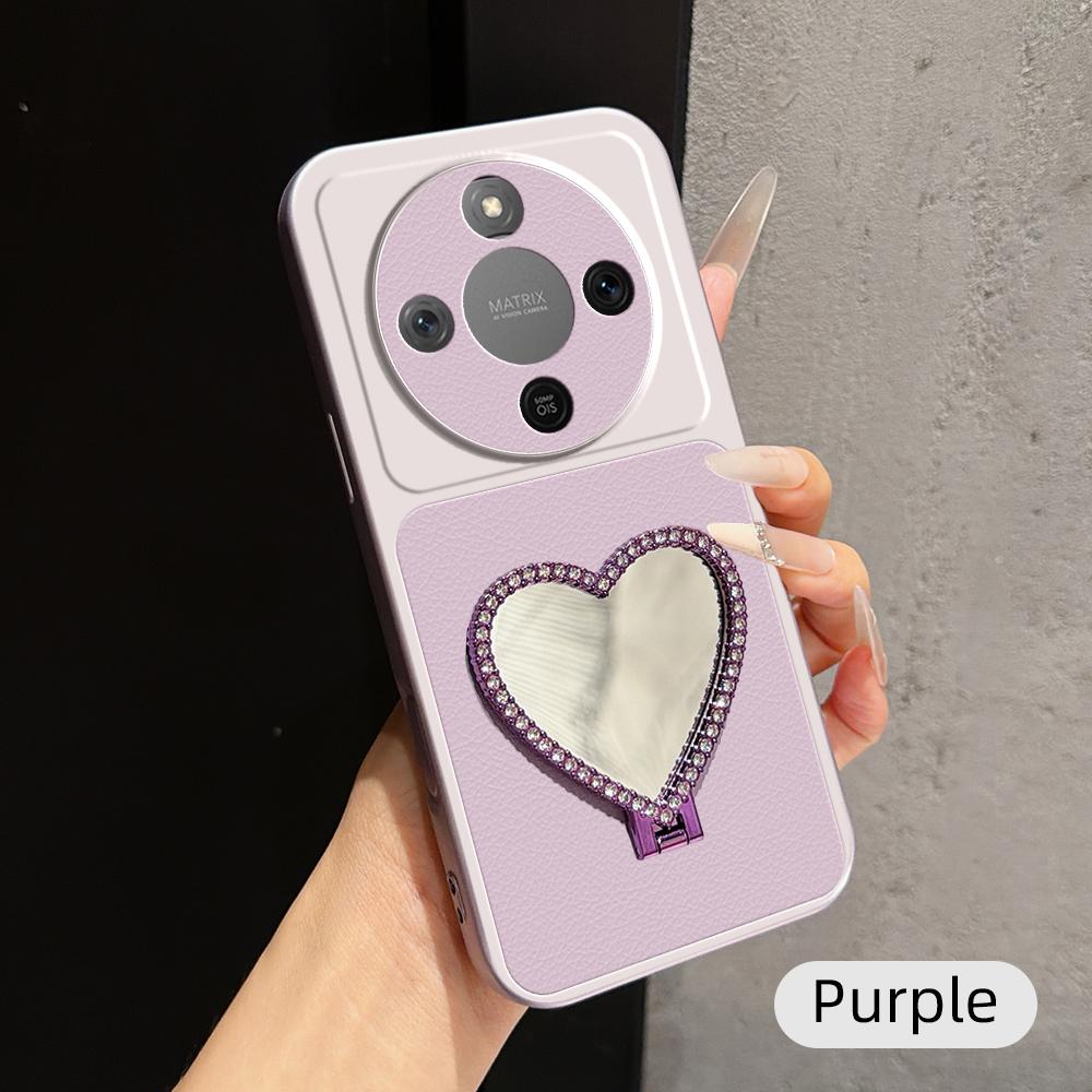 For Honor X70 5G Lambskin Series Skin Feel Shockproof Phone Case with Heart Mirror Holder(Purple) - Shopkiz.com
