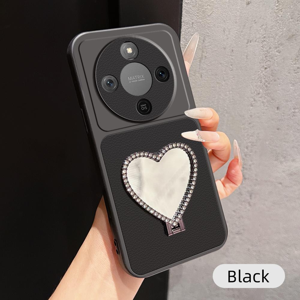 For Honor X70 5G Lambskin Series Skin Feel Shockproof Phone Case with Heart Mirror Holder(Black) - Shopkiz.com
