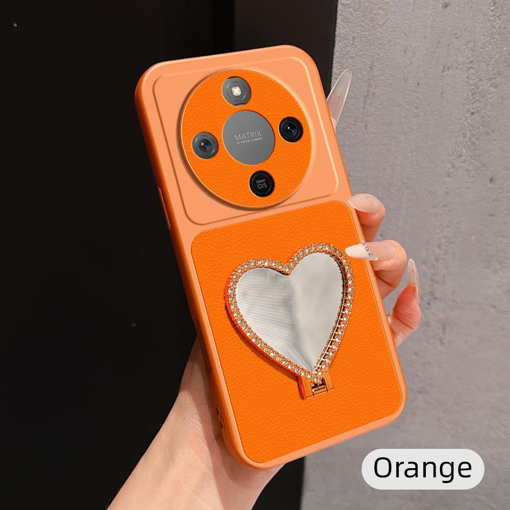 For Honor X70 5G Lambskin Series Skin Feel Shockproof Phone Case with Heart Mirror Holder(Orange) - Shopkiz.com